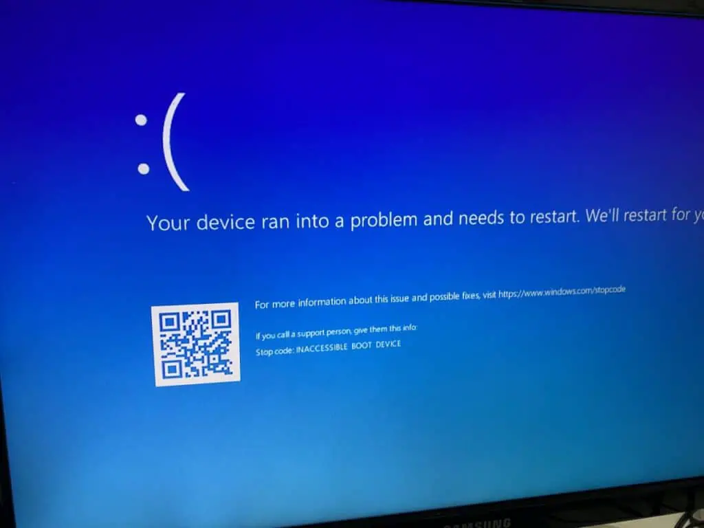 Close up view of a blue screen of death