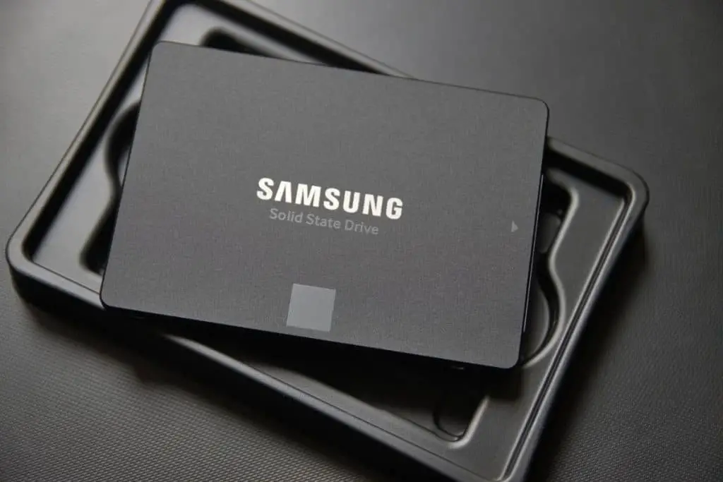 Close-up of a Samsung brand SSD drive