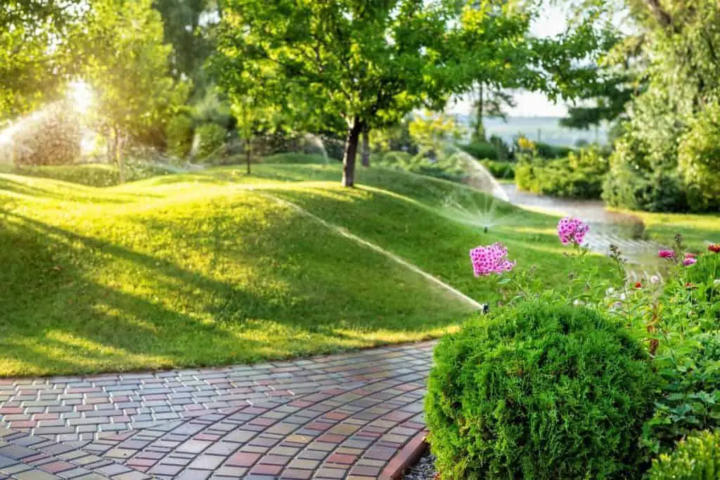 Automatic garden watering system with different sprinklers installed under turf