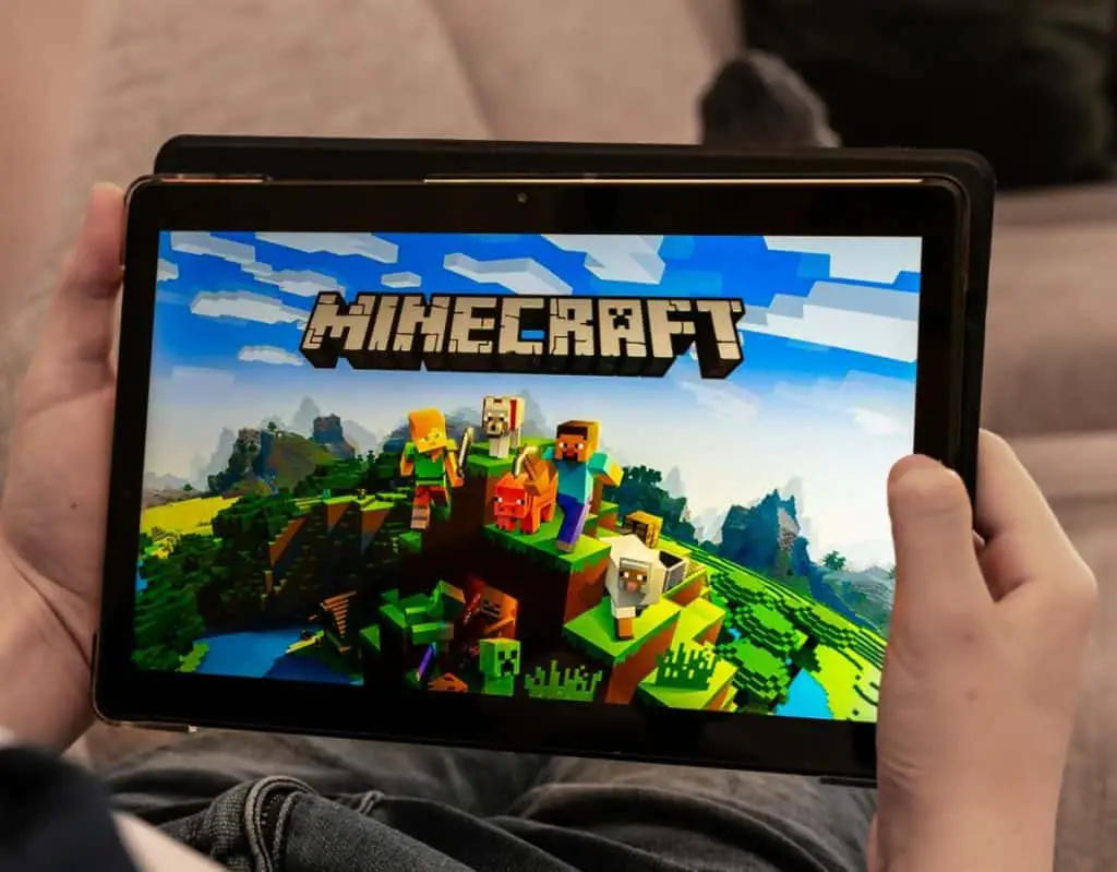 Minecraft on a tablet, shallow depth of field.