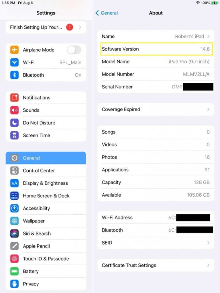 iPad Settings Screen with iOS Version